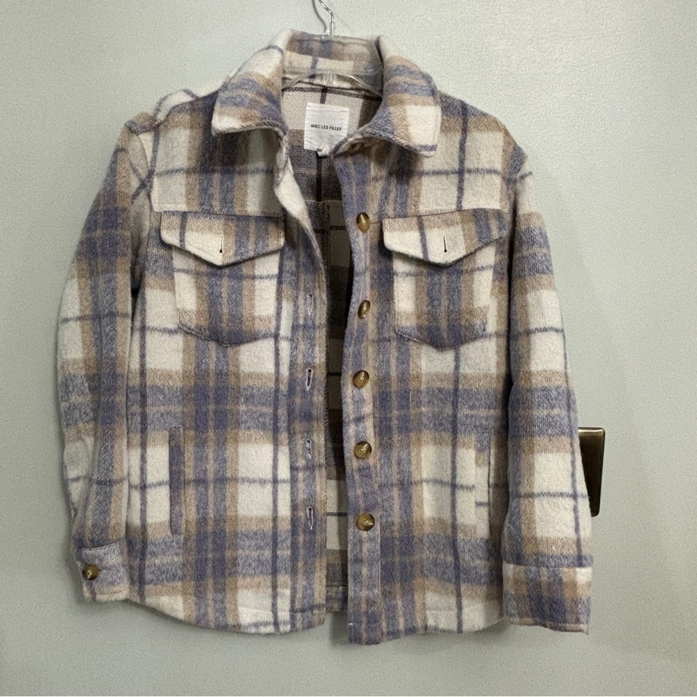 AVEC LES FILLES Relaxed Fit Lavender Beige Plaid Shacket Size extra small